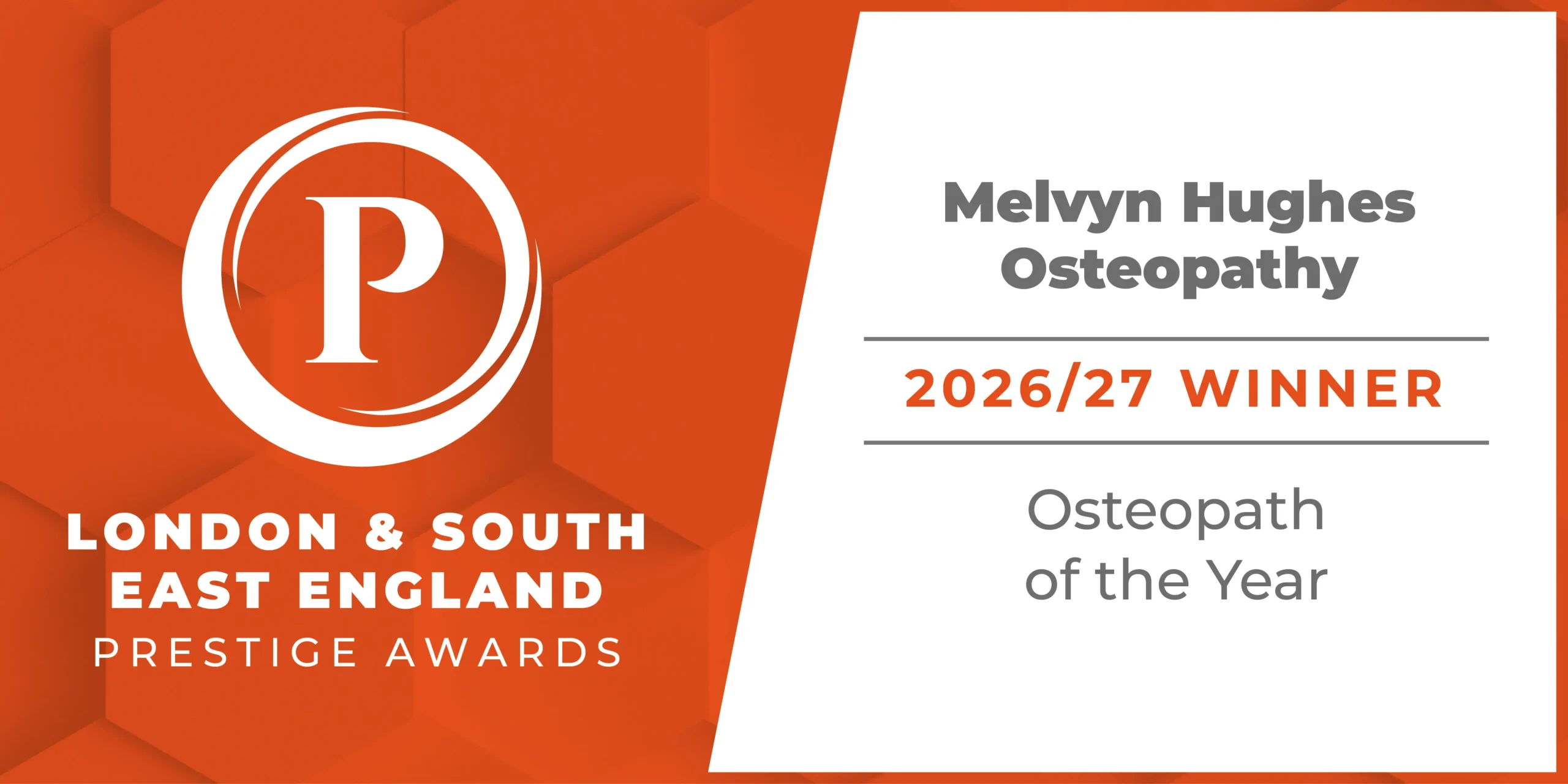 Prestige Awards 2026/27 Osteopath of the Year Melvyn Hughes Osteopathy Winners Badge